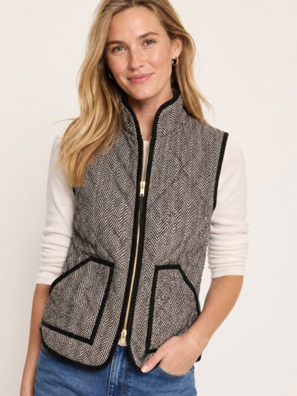 J. Crew Full Zip Puffer Quilted Vest Herringbone Print Brown Black Small